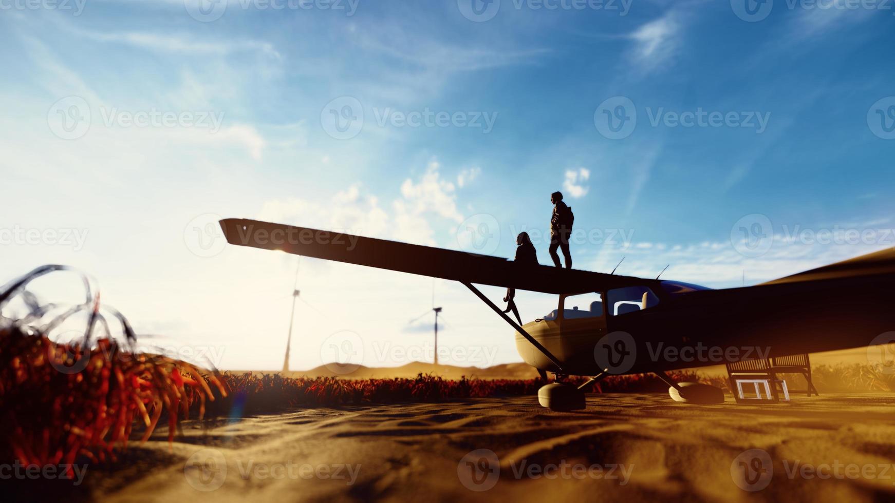 silhouette couple femme sur aile d'avion, rendu 3d. photo