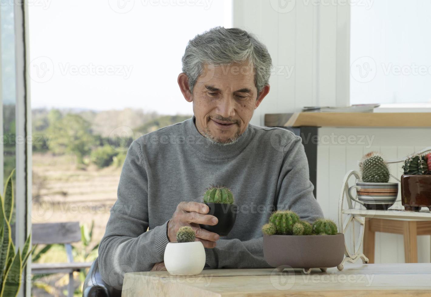 Portrait d'un homme asiatique senior âgé assis près d'une fenêtre en verre le matin pour travailler à domicile et vérifier ses affaires sur son ordinateur portable sur la table avec une mise au point sérieuse, douce et sélective. photo