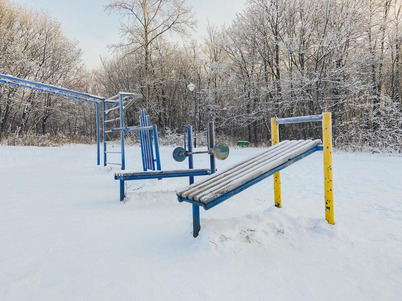 coucher de soleil d'hiver dans un parc couvert de neige. concept de saison et de temps froid photo