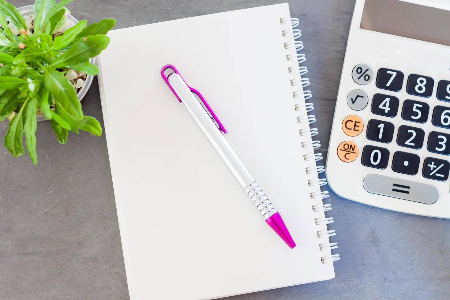 calculatrice, bloc-notes et stylo avec une plante verte sur fond gris photo