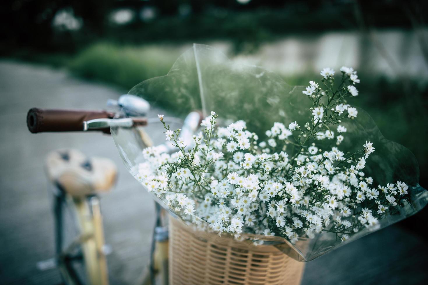 vélo vintage avec un panier plein de fleurs sauvages photo