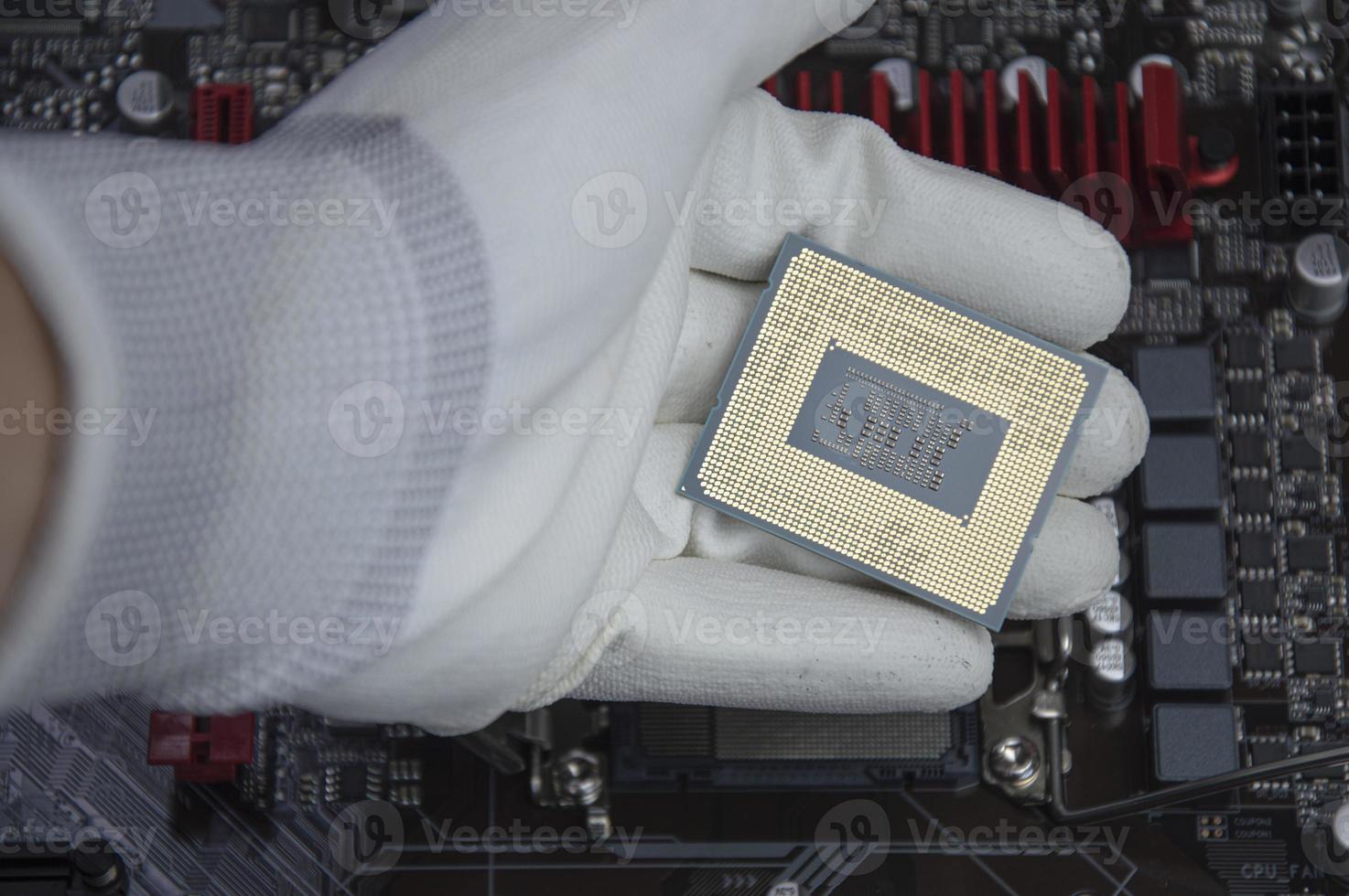 vue de dessus de la puce cpu de la carte mère de l'ordinateur photo