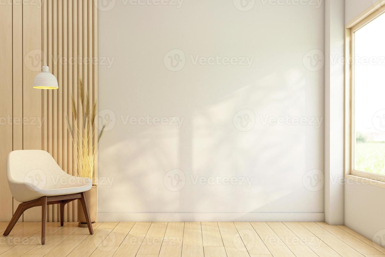 salle vide minimaliste décorée de fenêtres encadrées en bois et d'un mur en lattes de bois. fauteuil et parquet. rendu 3d. photo