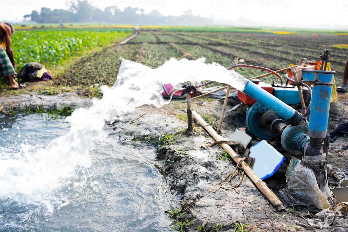 irrigation des rizières à l'aide de puits de pompage avec la technique de pompage de l'eau du sol pour s'écouler dans les rizières. la station de pompage où l'eau est pompée d'un canal d'irrigation. photo