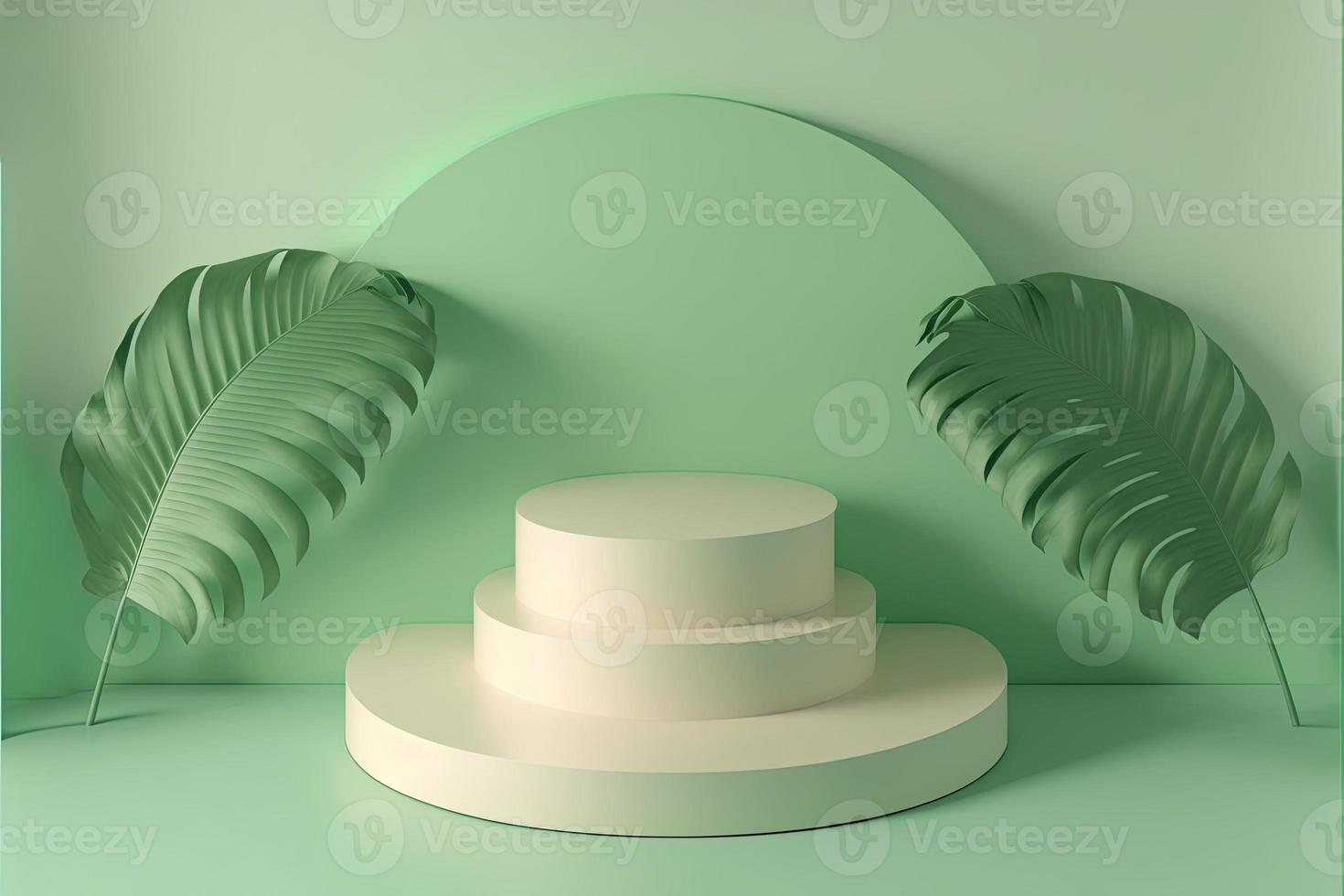 illustration de rendu 3d réaliste d'un podium vert tendre avec feuille autour pour la présentation du produit photo