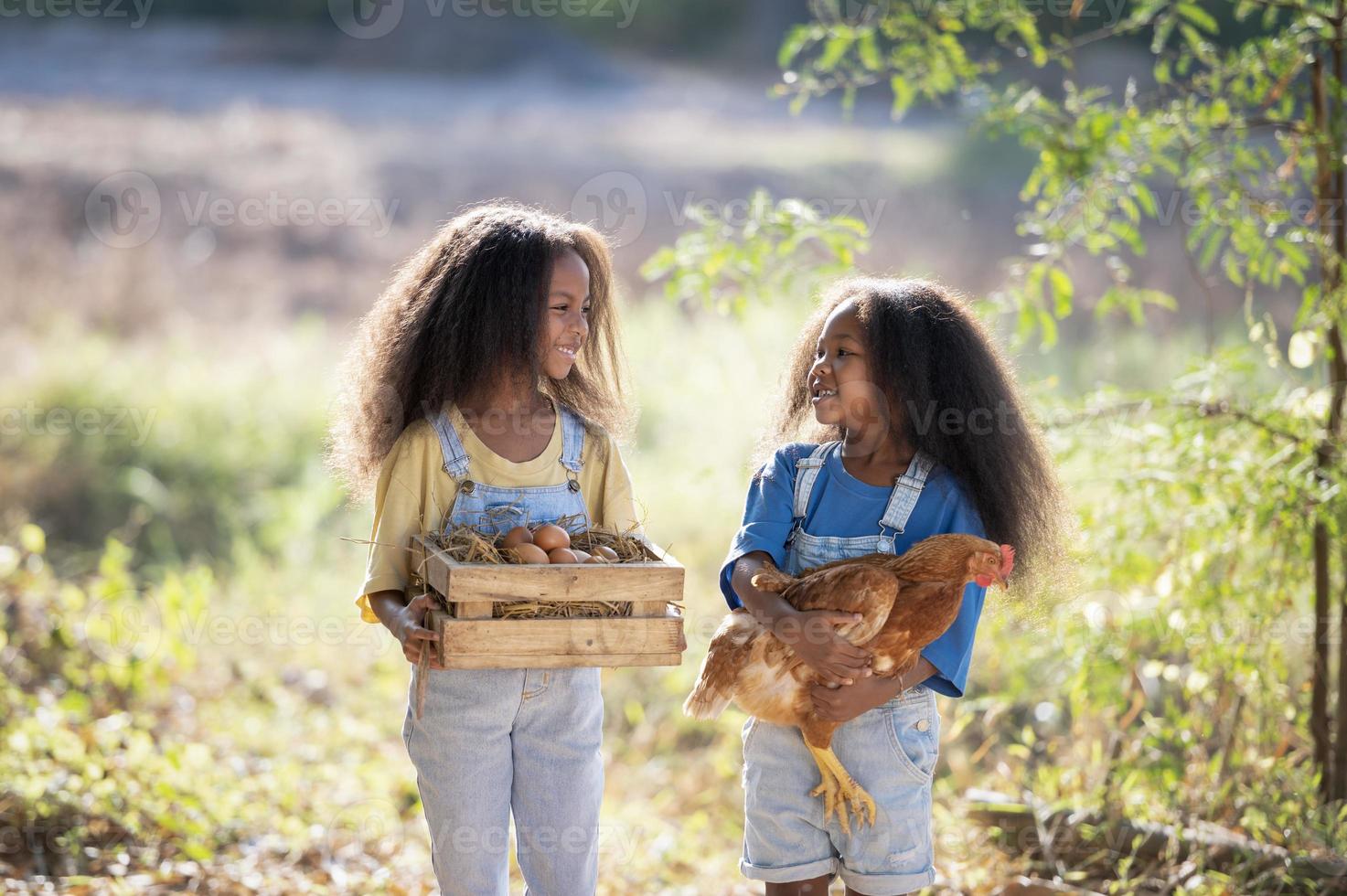 deux filles noires tiennent un poulet brun dans leur étreinte d'amour avec les yeux fermés. une petite fille noire tient une poule dans une ferme. photo