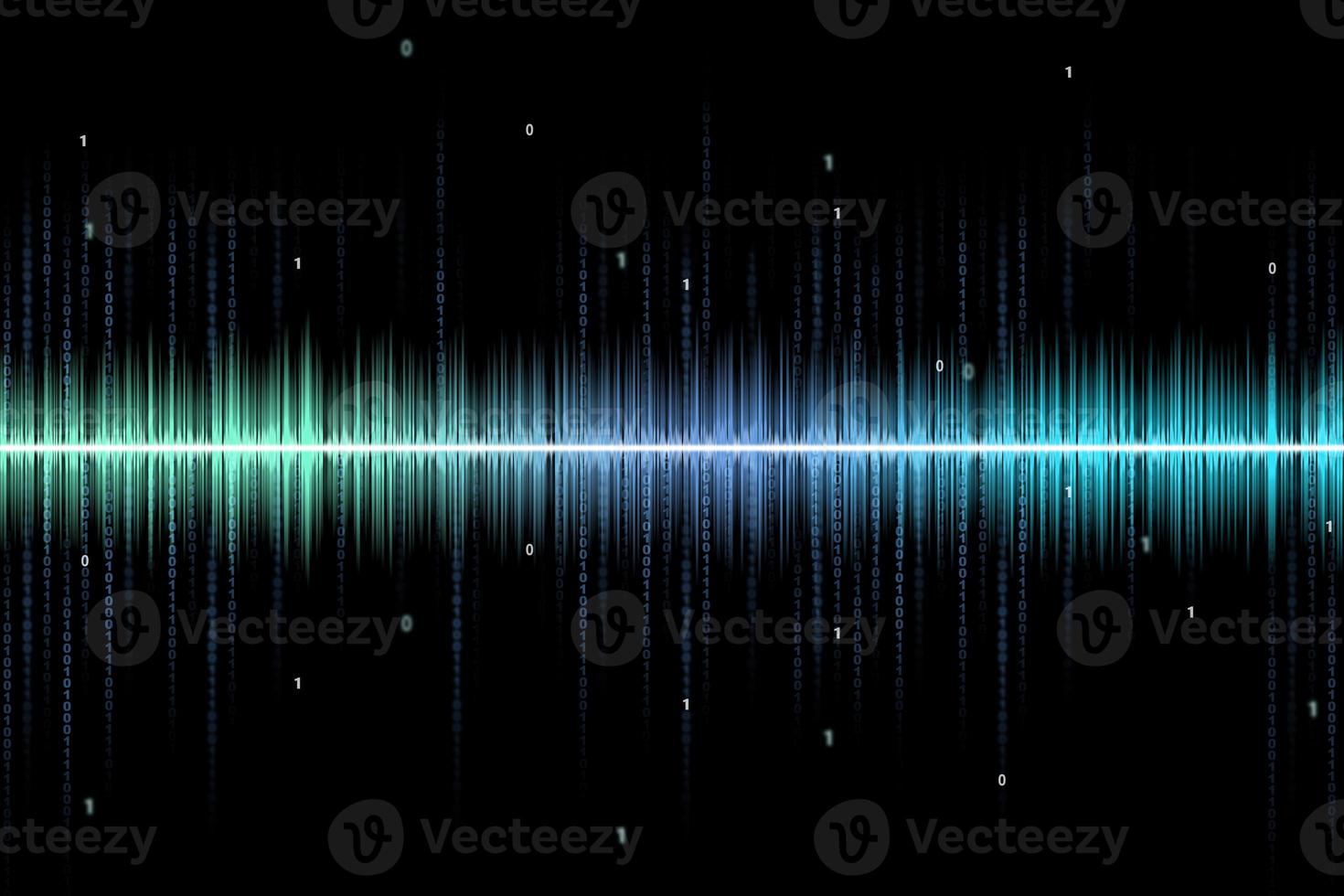 onde sonore numérique rythmique bleue abstraite avec code binaire sur fond noir. forme d'onde sonore. informations numériques photo
