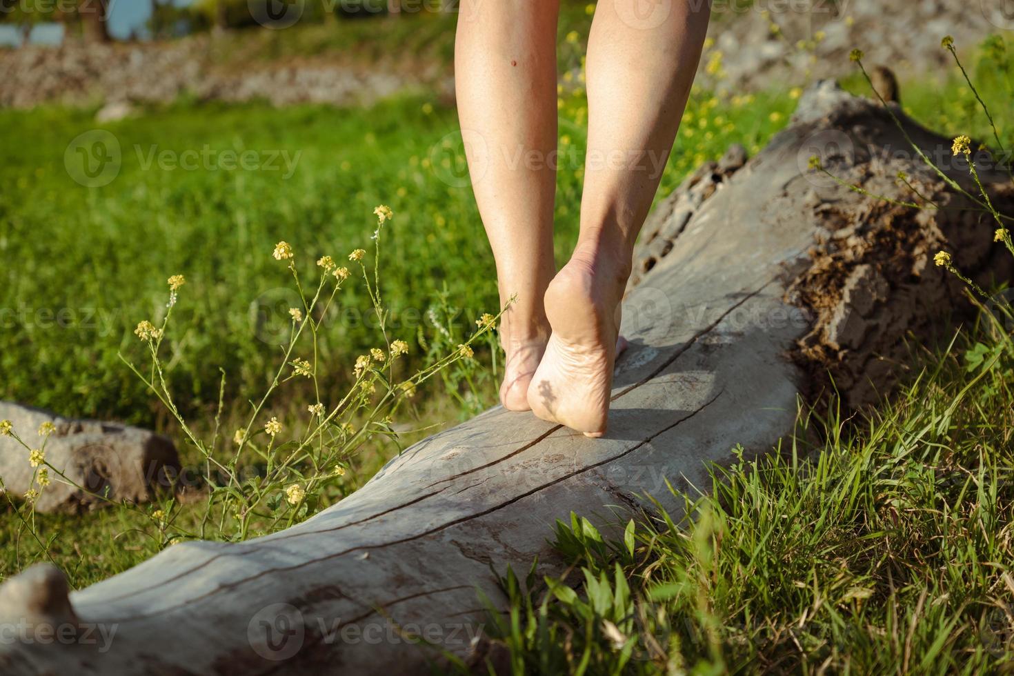 gros plan des pieds d'une femme dans un pré en équilibre sur un rondin. photo