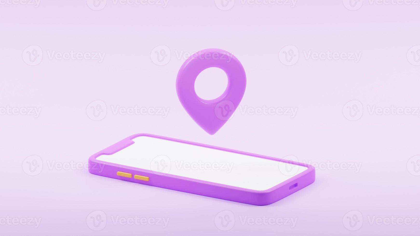 smartphone avec icône de broche de localisation à l'écran. concept de logistique de transport de livraison en ligne de localisation. illustration de rendu 3d. photo