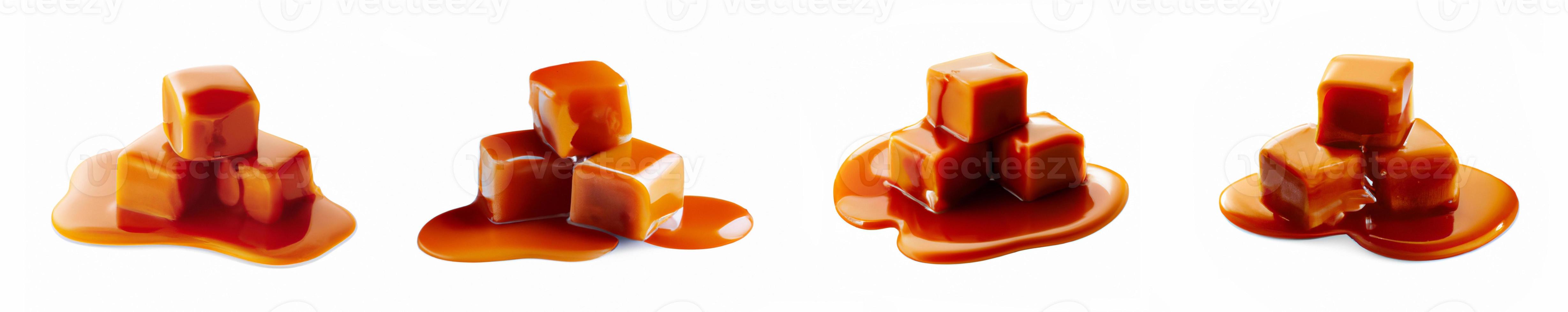 tranche de caramel. gros plan de bonbons au caramel avec sauce au caramel. isolé sur fond blanc. photo