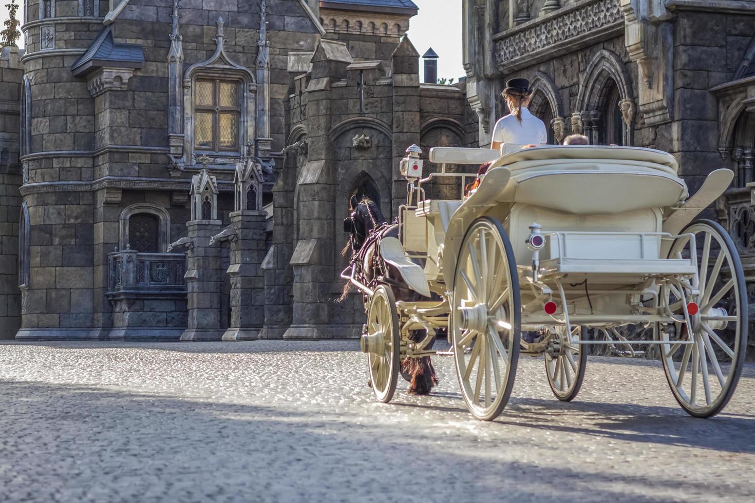 2022-08-16 russie, samara, centre touristique du château de garibaldi dans le village de khryashchevka, région de samara. le cavalier conduit la calèche autour du château photo