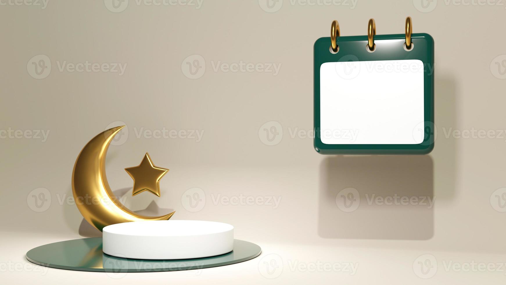 scène de rendu 3d avec lune dorée turque avec étoile. maquette islamique avec fond beige pour placer des bijoux sur le podium. carnet de vente avec anneaux photo