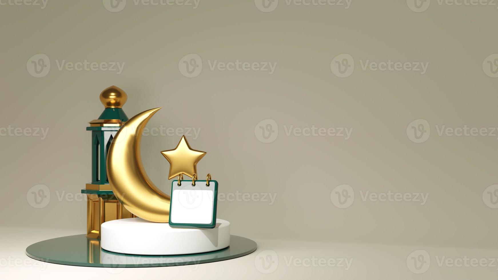 Podium du ramadan 3d avec croissant d'or et étoile. piédestal avec calendrier sur fond musulman pour l'aïd. scène de bijoux près de la mosquée verte photo