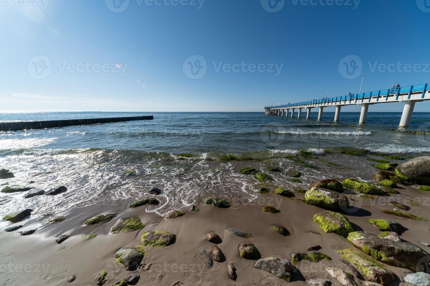 jetée sur la côte. vagues de surf avec écume de mer et algues sur la plage touristique. belle côte au soleil. paysage marin de jour. photo