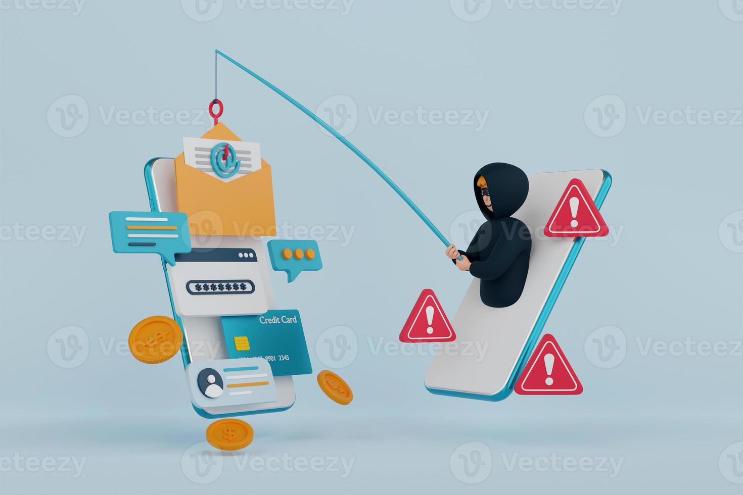 Illustration 3d du concept de phishing de données, pirate informatique et cybercriminels phishing volant des données personnelles privées, un mot de passe, un e-mail et une carte de crédit. escroquerie en ligne, malware et hameçonnage de mot de passe. photo
