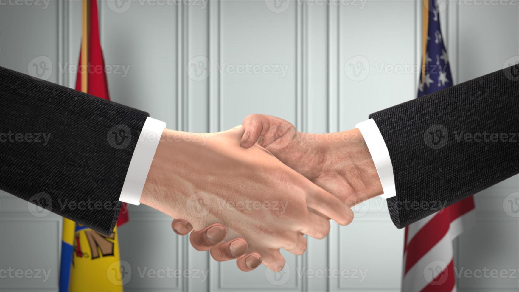 accord commercial de partenariat entre la moldavie et les états-unis. drapeaux du gouvernement national. illustration 3d de la poignée de main de la diplomatie officielle. accord, homme affaires, serrer main photo