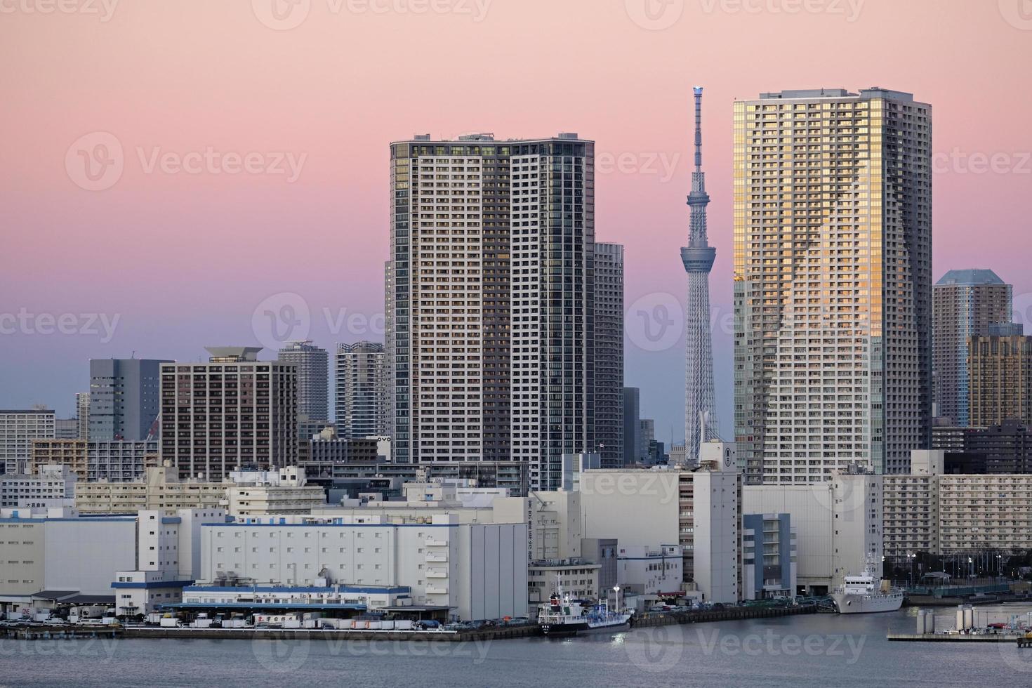 horizon de tokyo pendant le coucher du soleil vu de l'eau photo