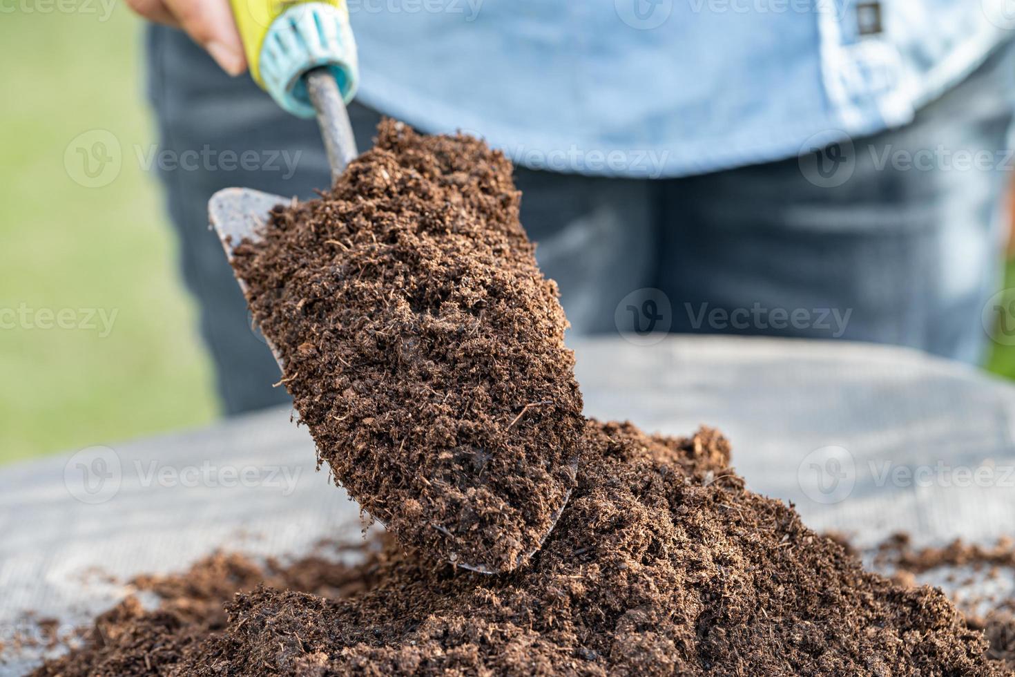 main tenant la matière organique de mousse de tourbe améliorer le sol pour l'agriculture culture de plantes biologiques, concept d'écologie. photo