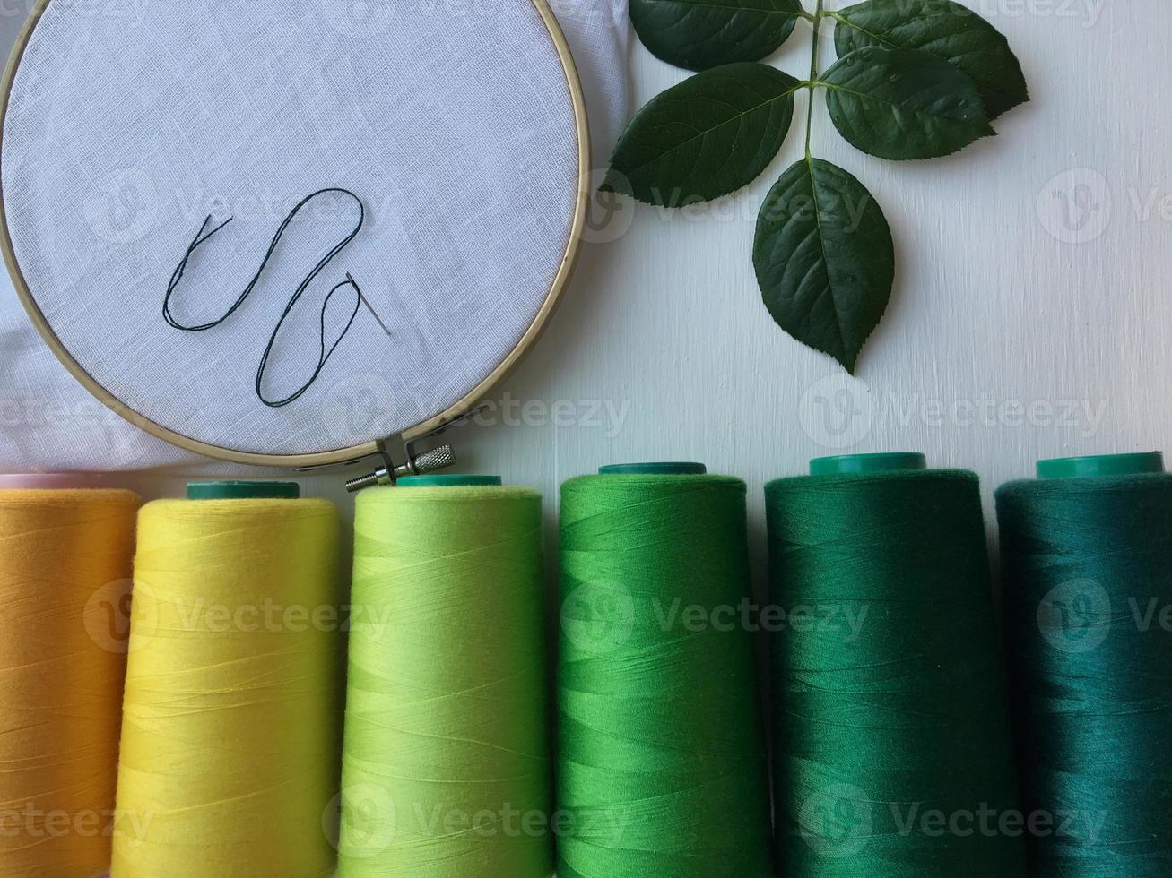 cerceau en bois, tissu et fil pour broder et coudre photo