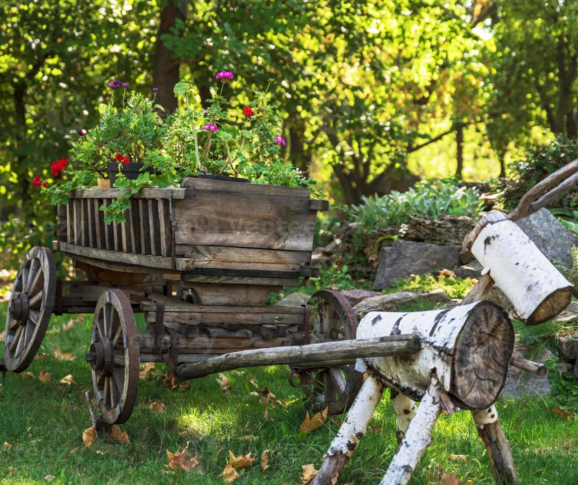 vieux chariot en bois avec des fleurs en parc photo