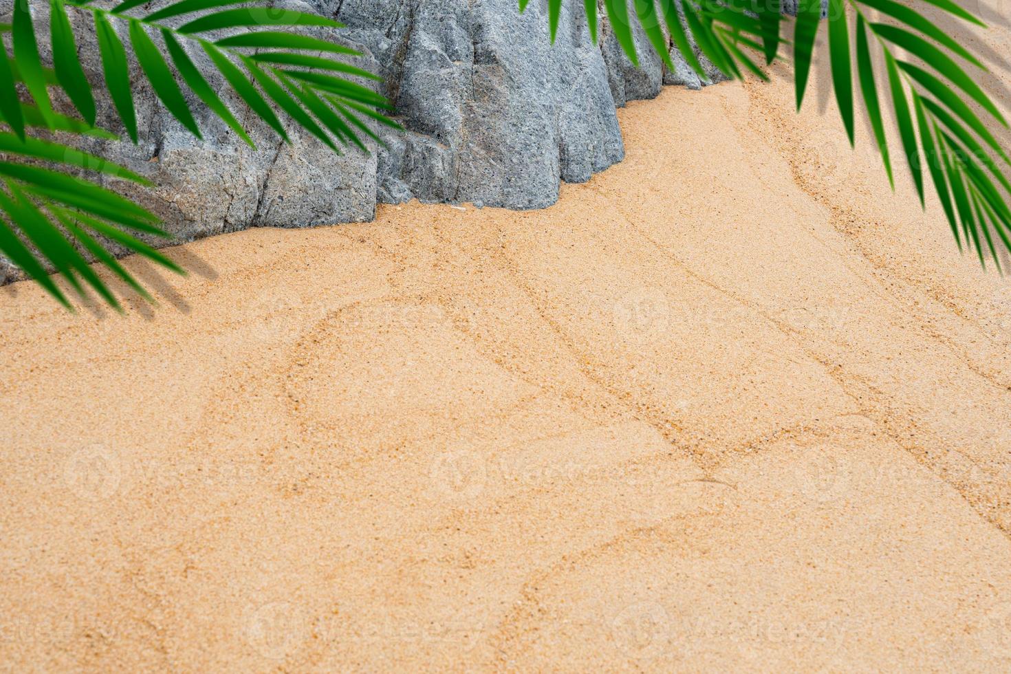 fond de texture de sable, pierre de roche et cadre de feuilles de palmier floues, vue de dessus plage tropicale avec feuille de noix de coco floue sur sable brun, arrière-plan dune de sable du désert pour la présentation du produit d'été photo