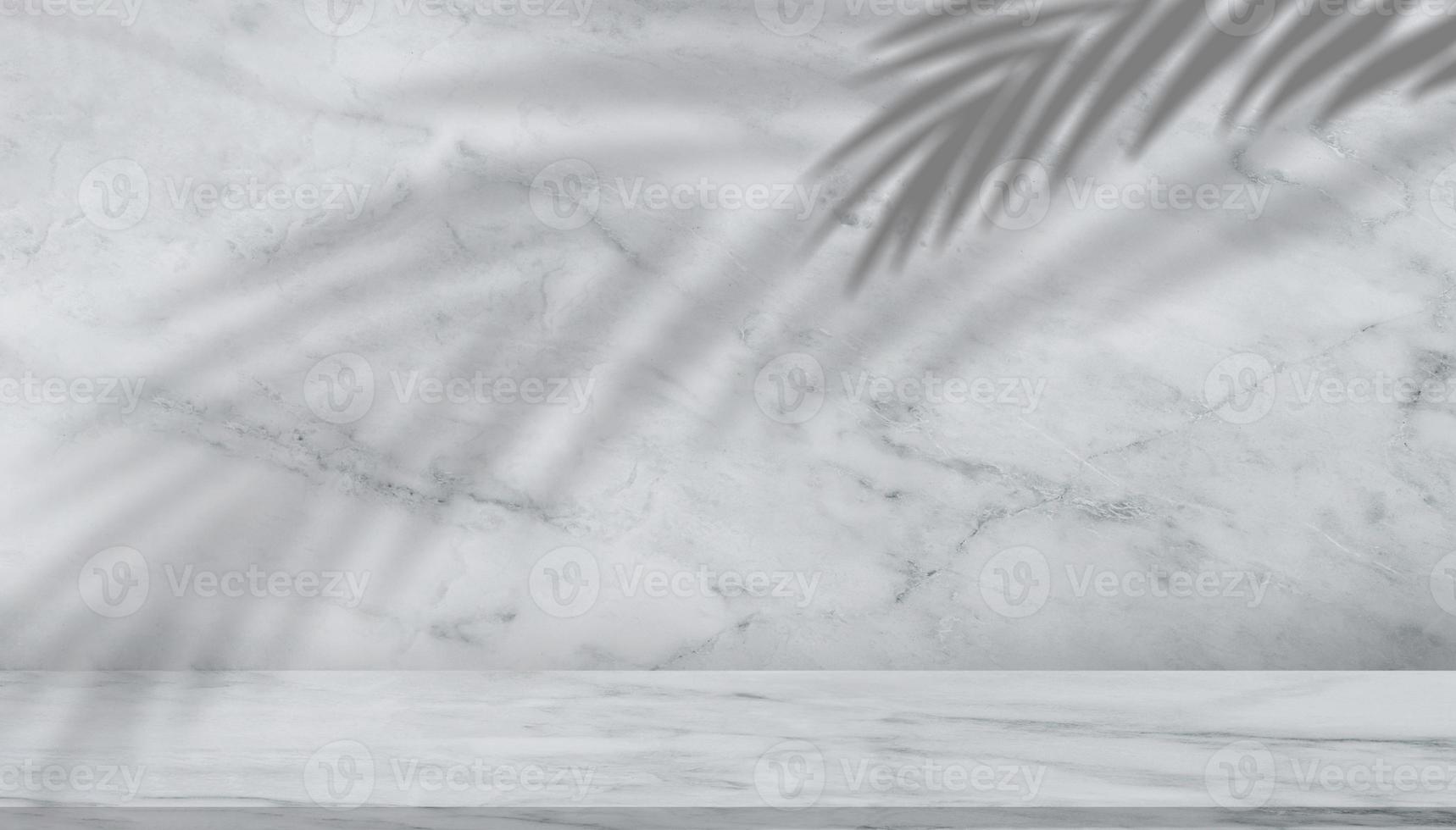 fond de texture de marbre de mur avec superposition d'ombre de feuilles de cocotier, surface de mur de granit de nature blanche et grise pour le comptoir en céramique ou la décoration intérieure. fond de produit de fond de conception de luxe photo
