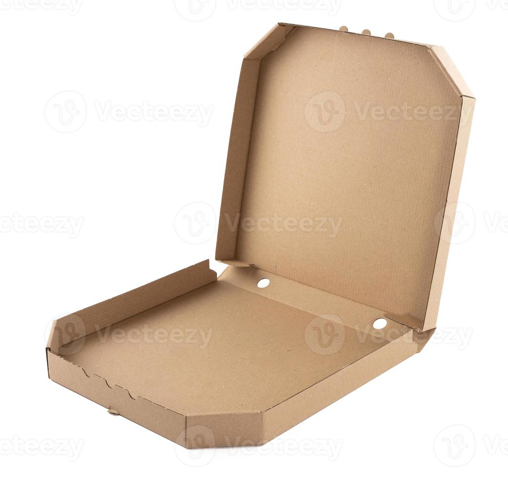 boîte de papier à pizza en carton ouvert brun blanc sur fond blanc. modèle d'emballage photo