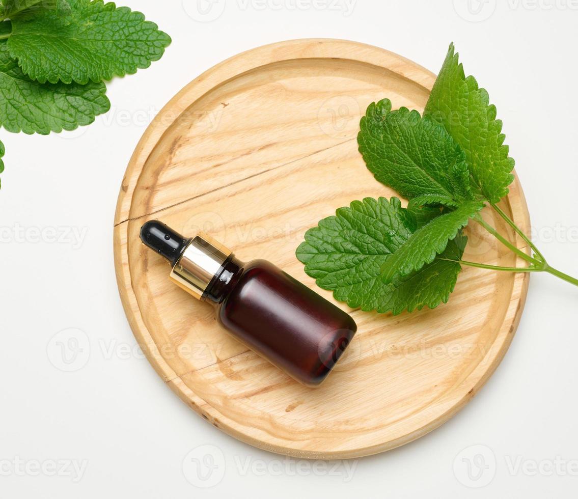 bouteille en verre brun avec une pipette pour les cosmétiques et des feuilles de menthe verte sur fond blanc, vue de dessus photo