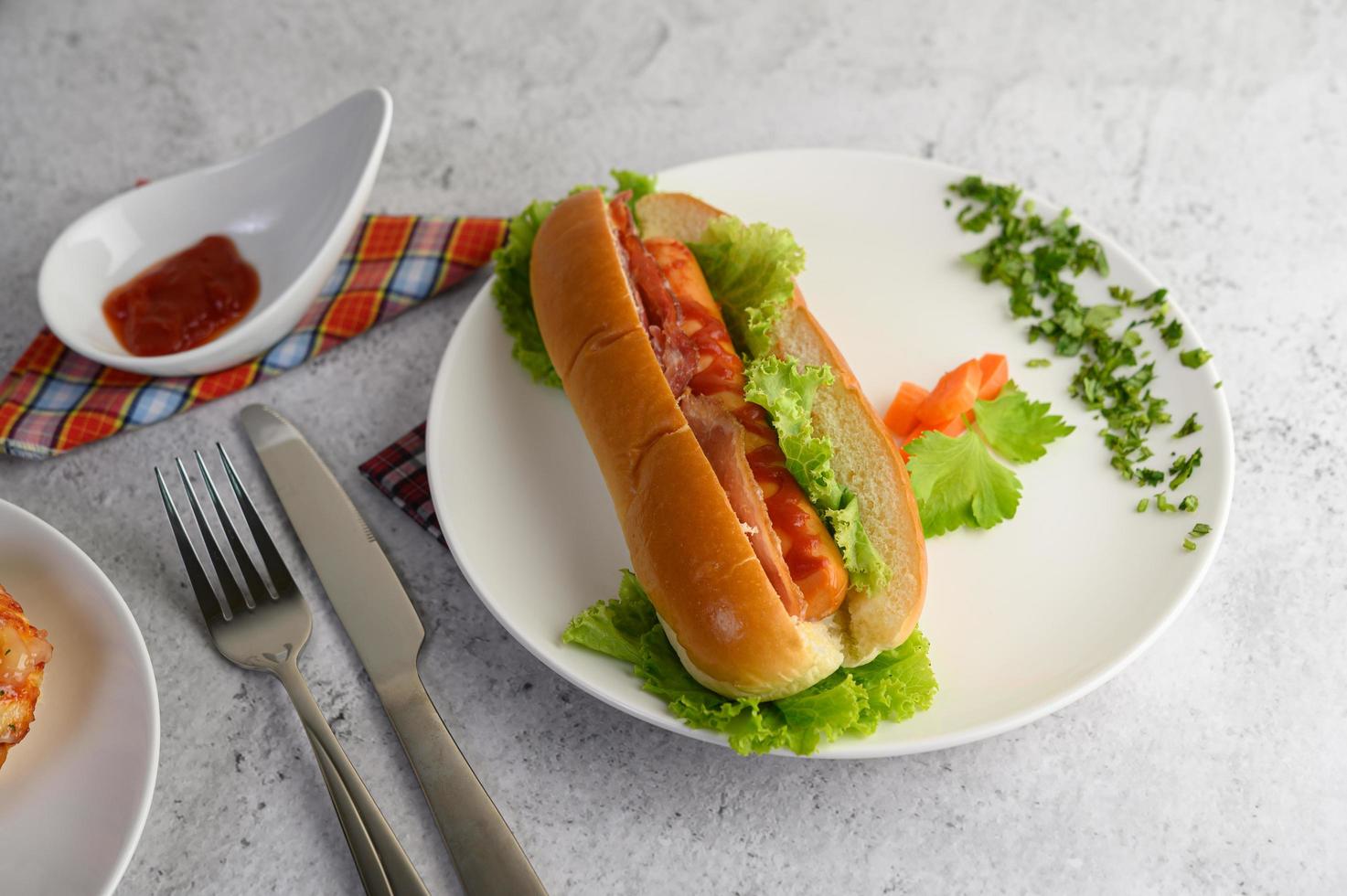 un hot-dog placé dans un plat blanc magnifiquement photo