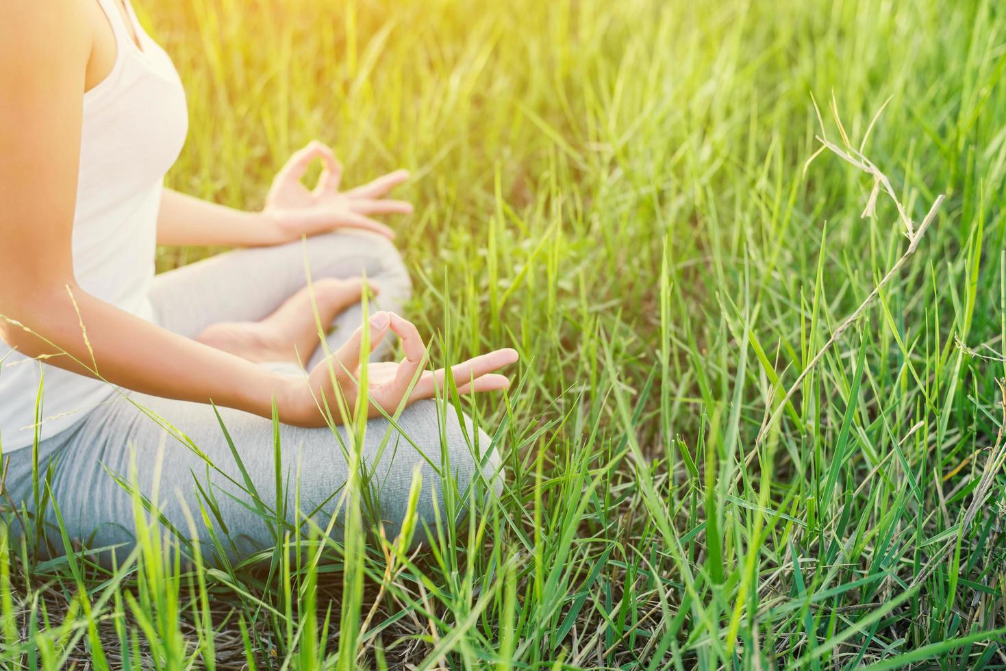 Yoga femme dans la posture du lotus dans un pré ensoleillé photo