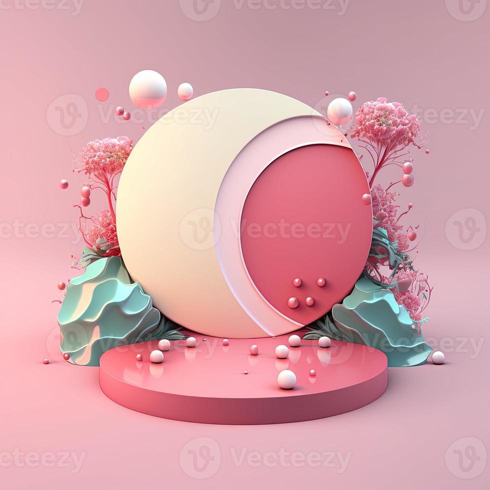 Podium rose brillant 3d avec des décorations d'oeufs de pâques pour la vitrine du produit photo