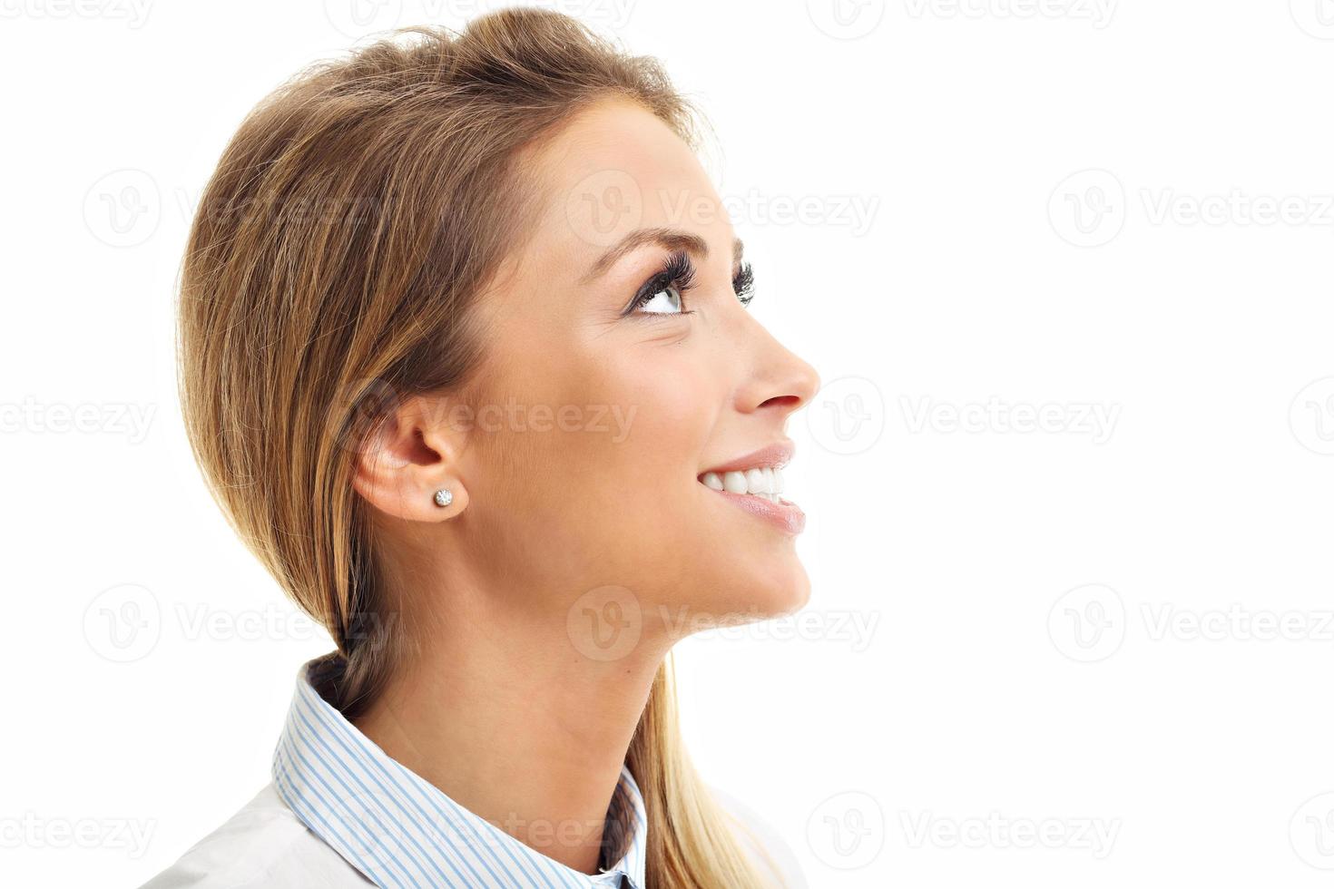 profil, de, femme souriante, isolé, blanc photo