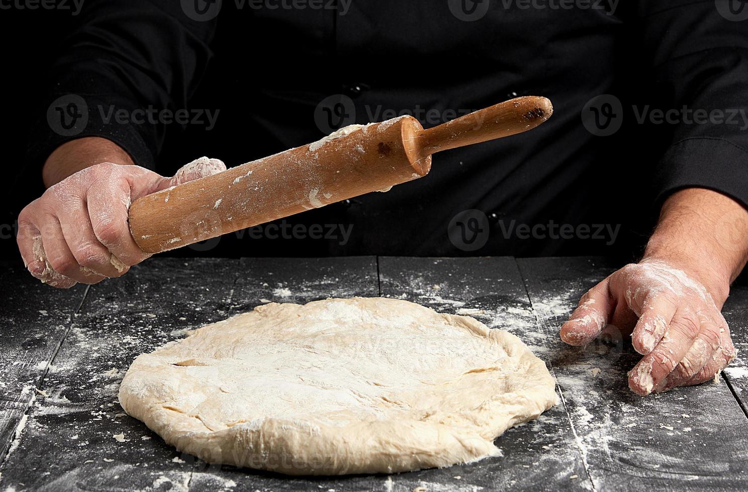 pâte ronde de farine de blé blanc et rouleau à pâtisserie en bois dans les  mains des hommes 19428240 Photo de stock chez Vecteezy