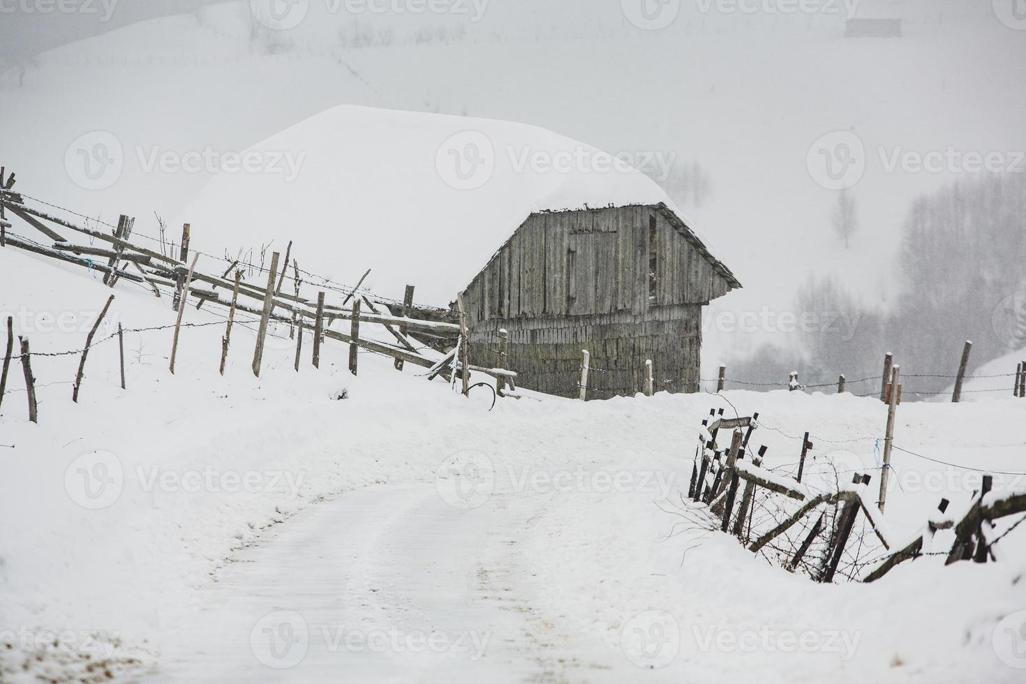 une chute de neige abondante dans les carpates roumaines dans le village de sirnea, brasov. vrai hiver avec de la neige dans le pays photo