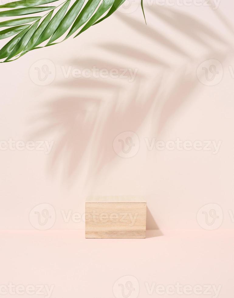 en bois cube sur une beige Contexte avec une ombre de une paume feuille. étape pour produit manifestation photo