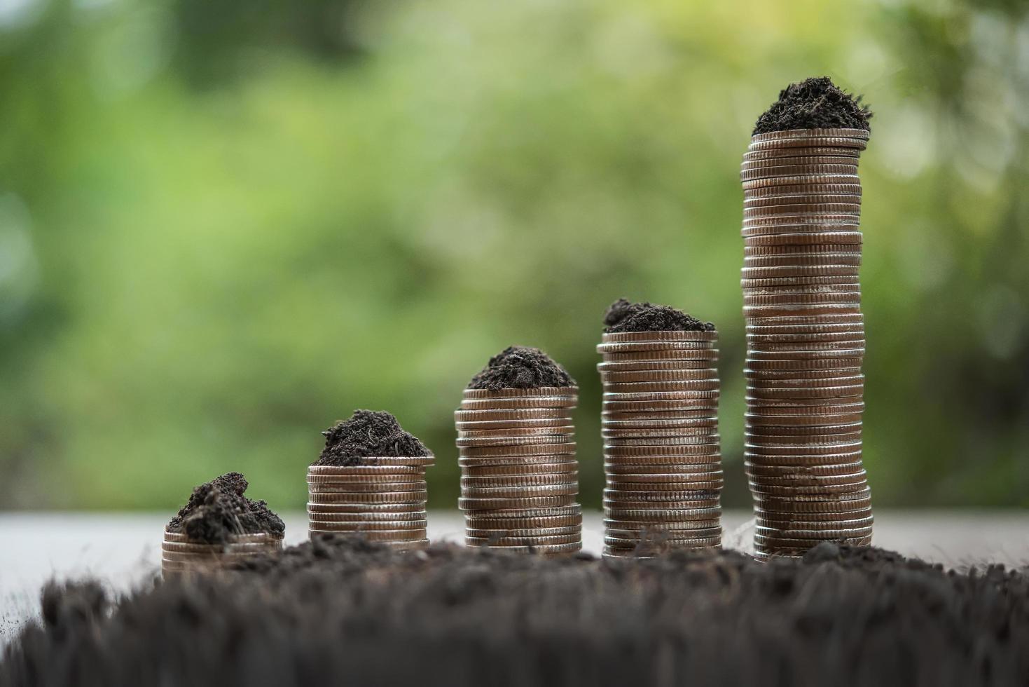 une pile de pièces dans la nature verte photo