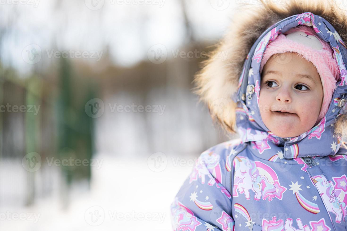 bébé fille porter enfant combinaison de ski sur une ensoleillé glacial  hiver journée. 19772119 Photo de stock chez Vecteezy