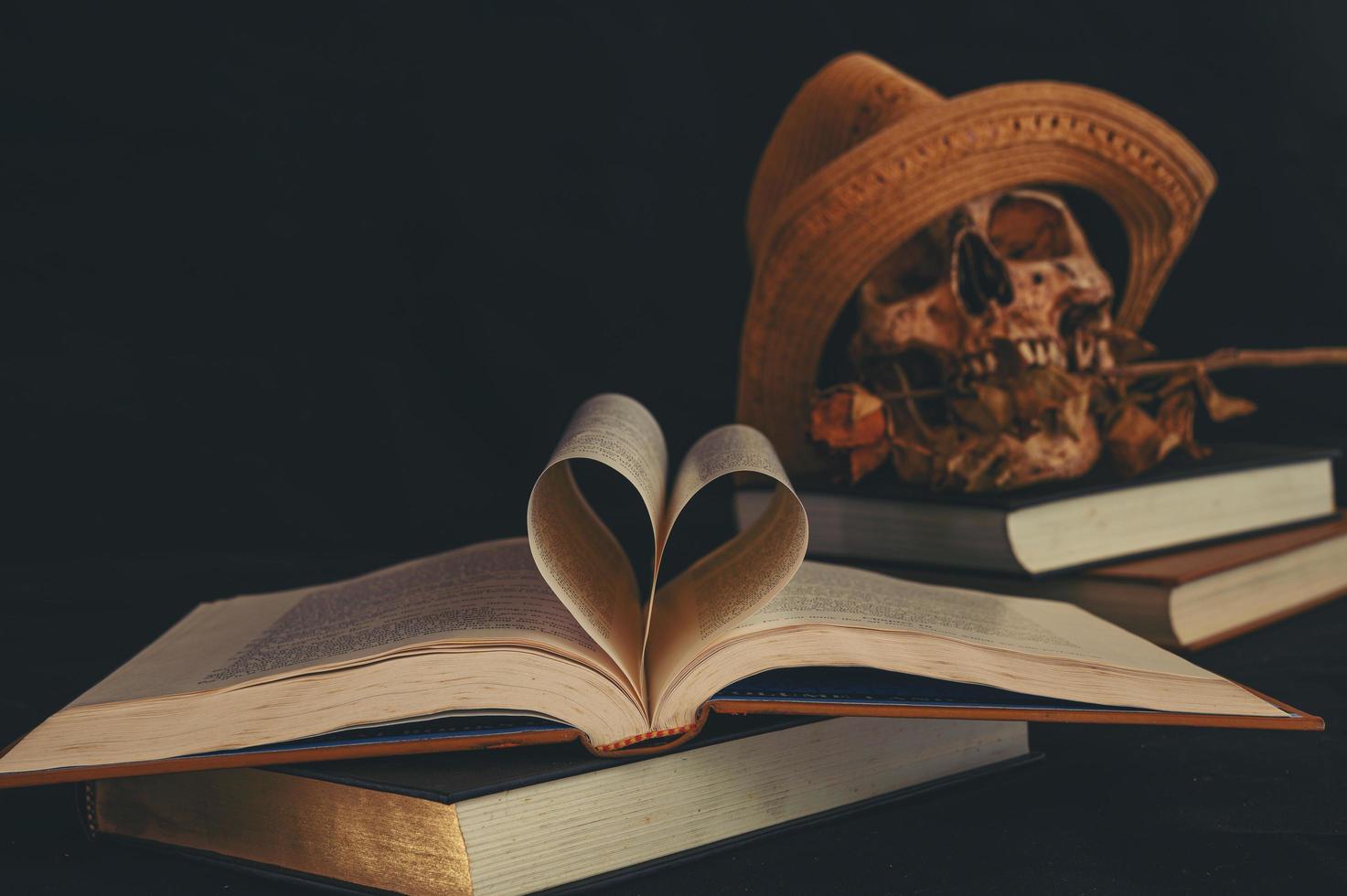 nature morte avec un livre en forme de cœur et un crâne avec des fleurs sèches photo