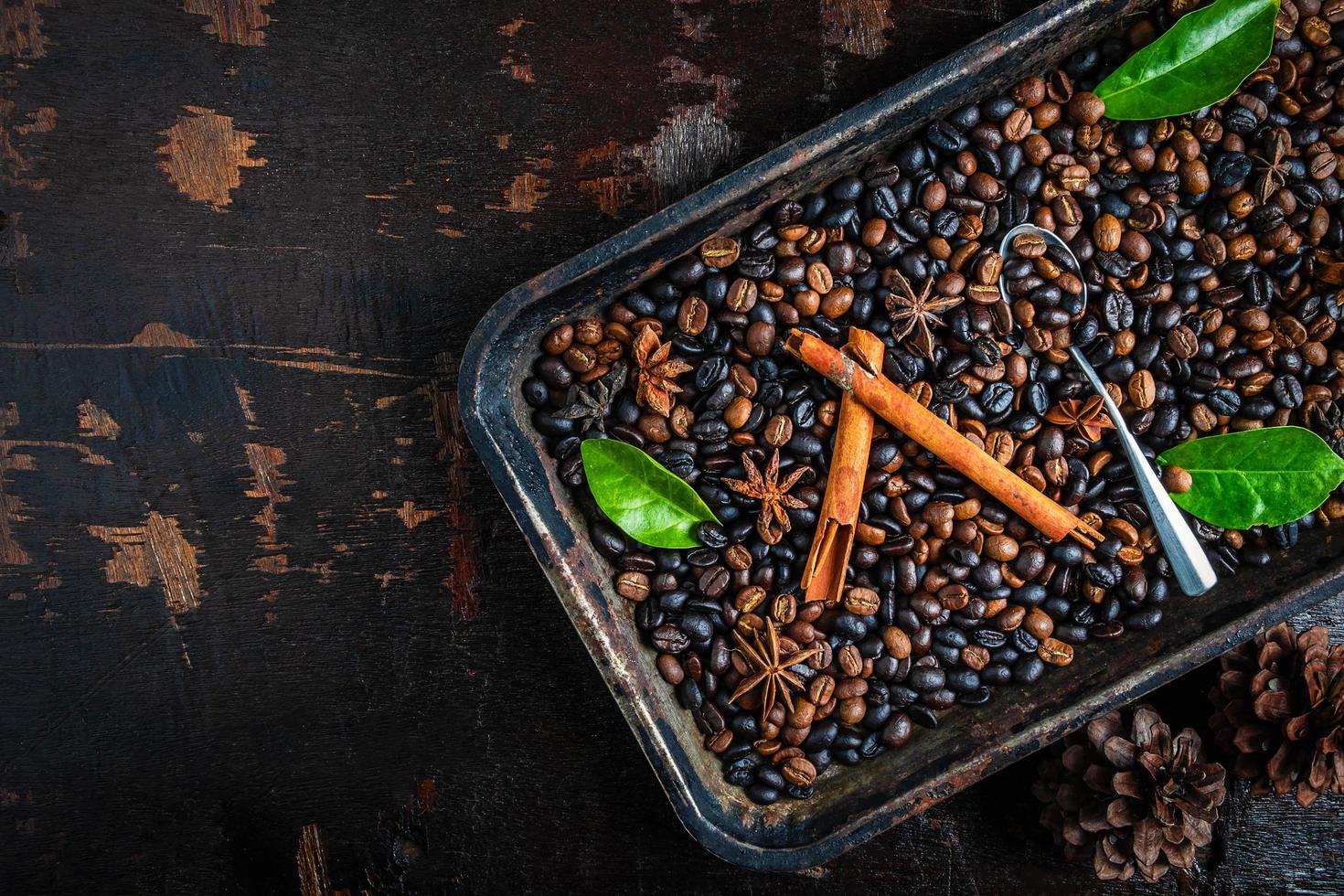 grains de café torréfiés dans un plateau aux herbes photo