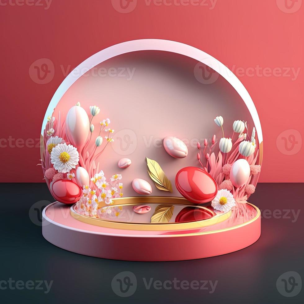 rose podium avec brillant des œufs et fleur décoration pour Pâques fête photo
