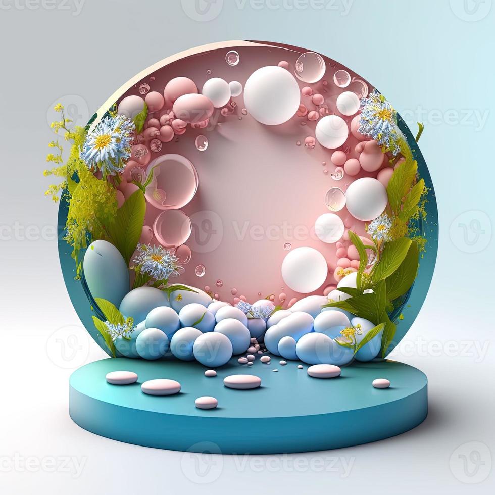 3d illustration de une podium avec œufs, fleurs, et feuillage ornements photo
