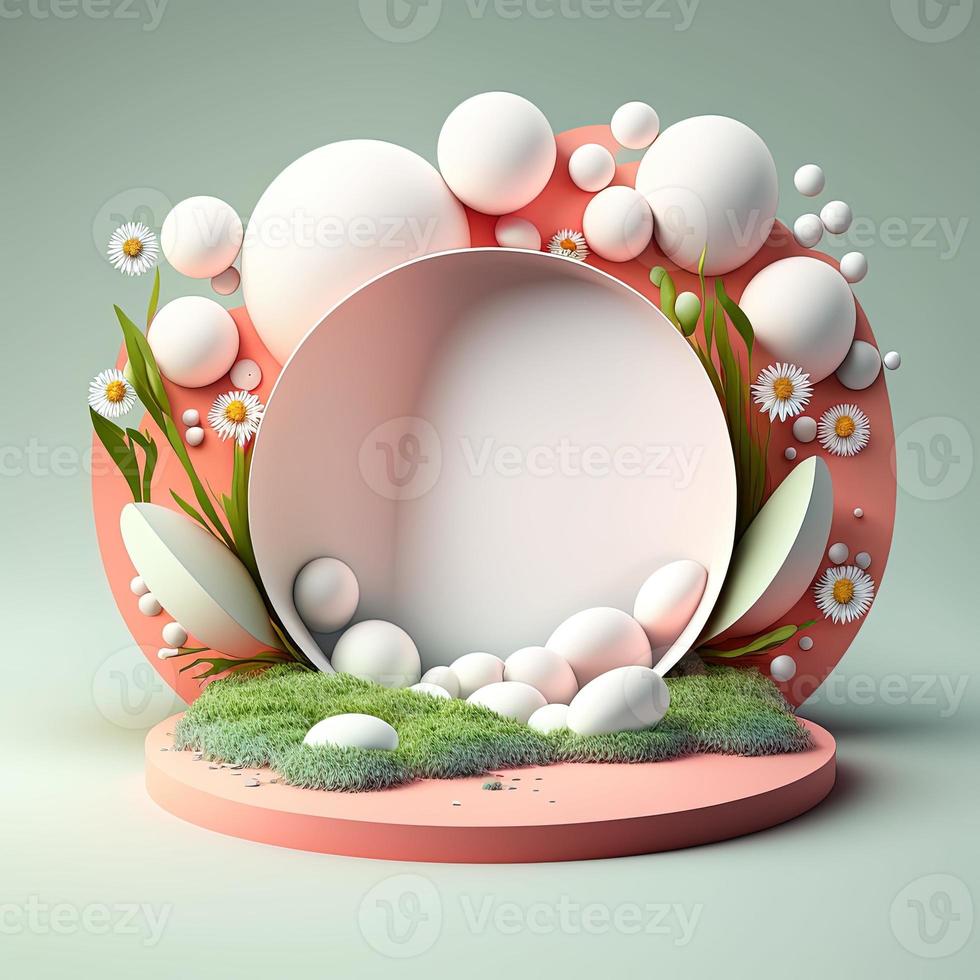 illustration de une podium avec œufs, fleurs, et feuillage décoration pour Pâques fête photo