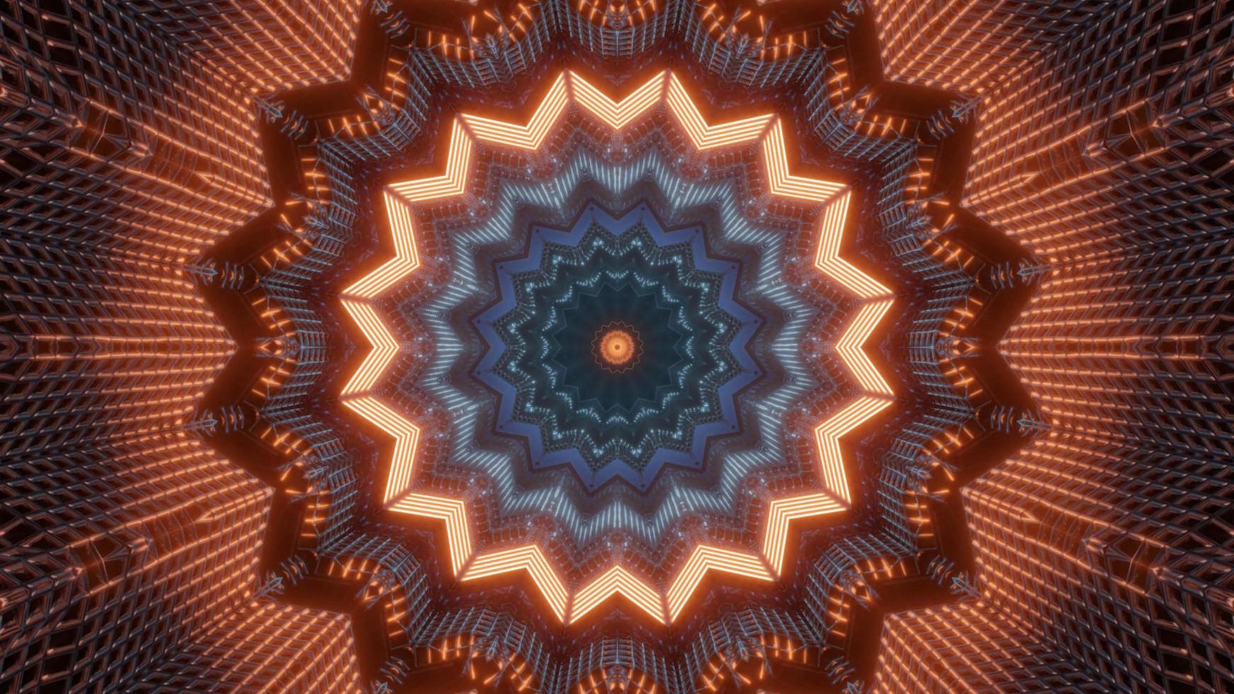lumières rouges, orange et bleues et formes illustration 3d kaléidoscope pour fond ou papier peint photo