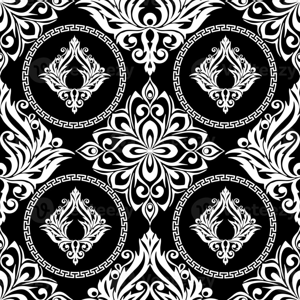 motif graphique sans couture, tuile avec ornement blanc géométrique abstrait sur fond noir, texture, design photo