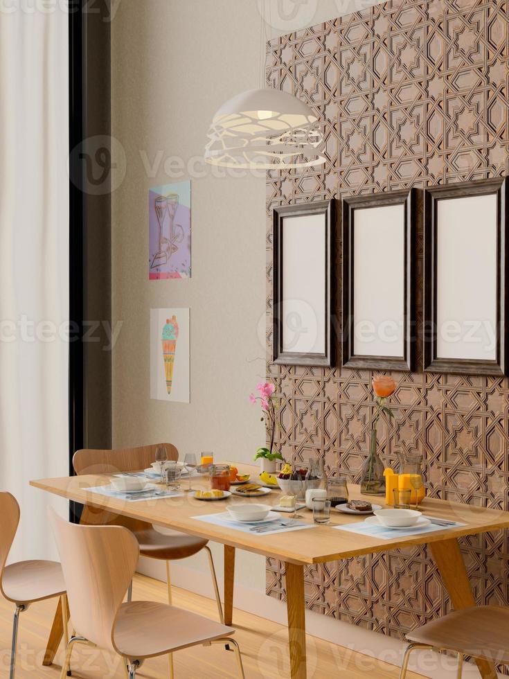 Rendu 3D de l'intérieur de la salle à manger moderne avec trois maquettes de cadres photo