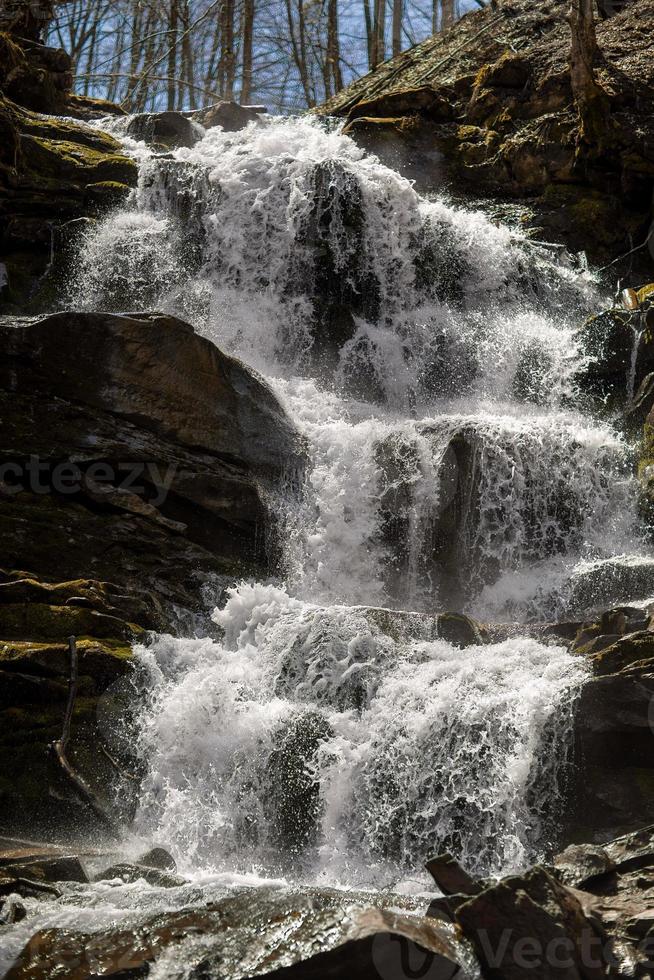 en cascade dans un petit ruisseau de montagne, l'eau coule sur des rochers de basalte. une petite cascade coule à travers la mousse. photo