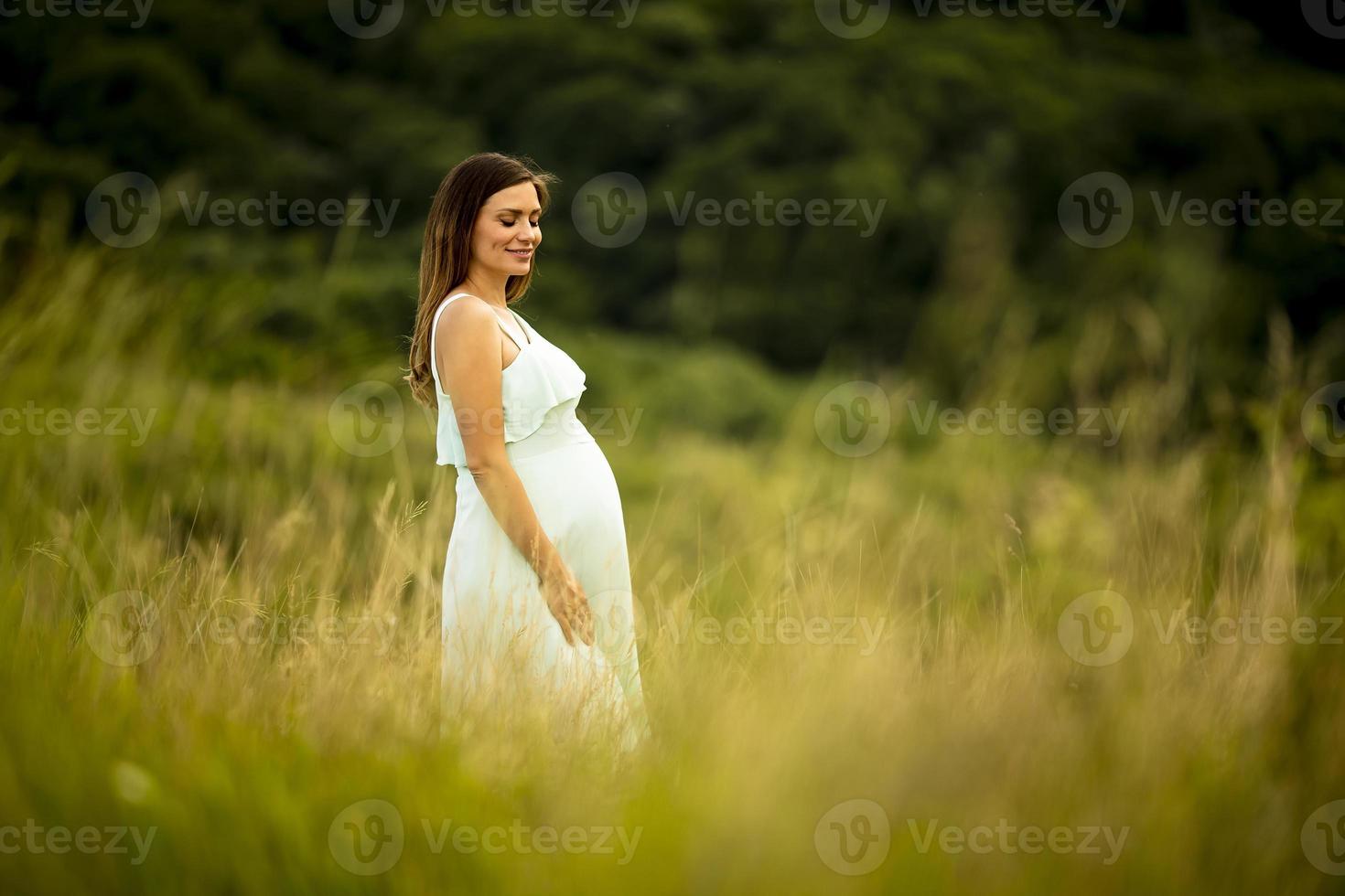 jeune femme enceinte se détendre à l'extérieur dans la nature photo