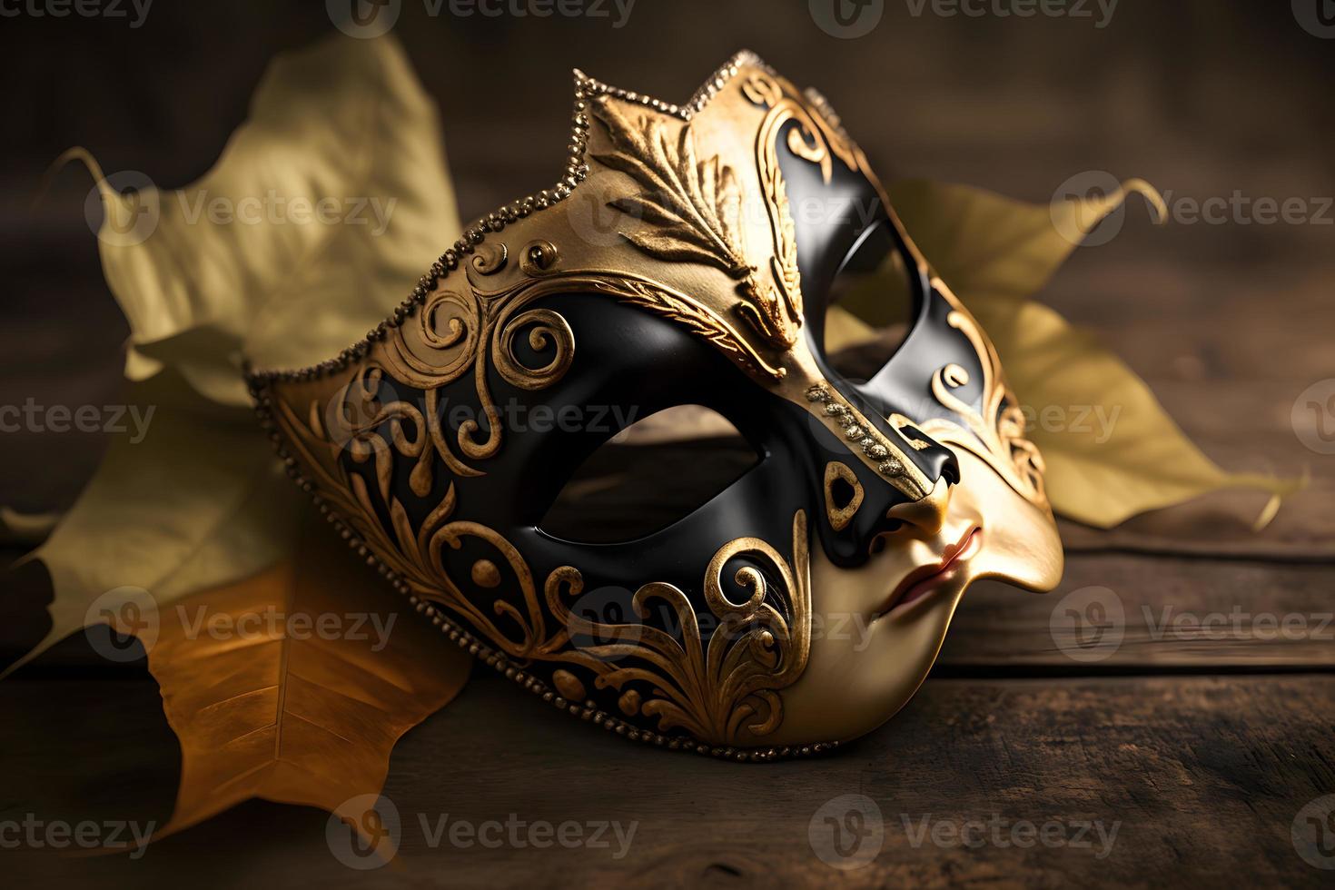 d'or vénitien masque sur une en bois table photo