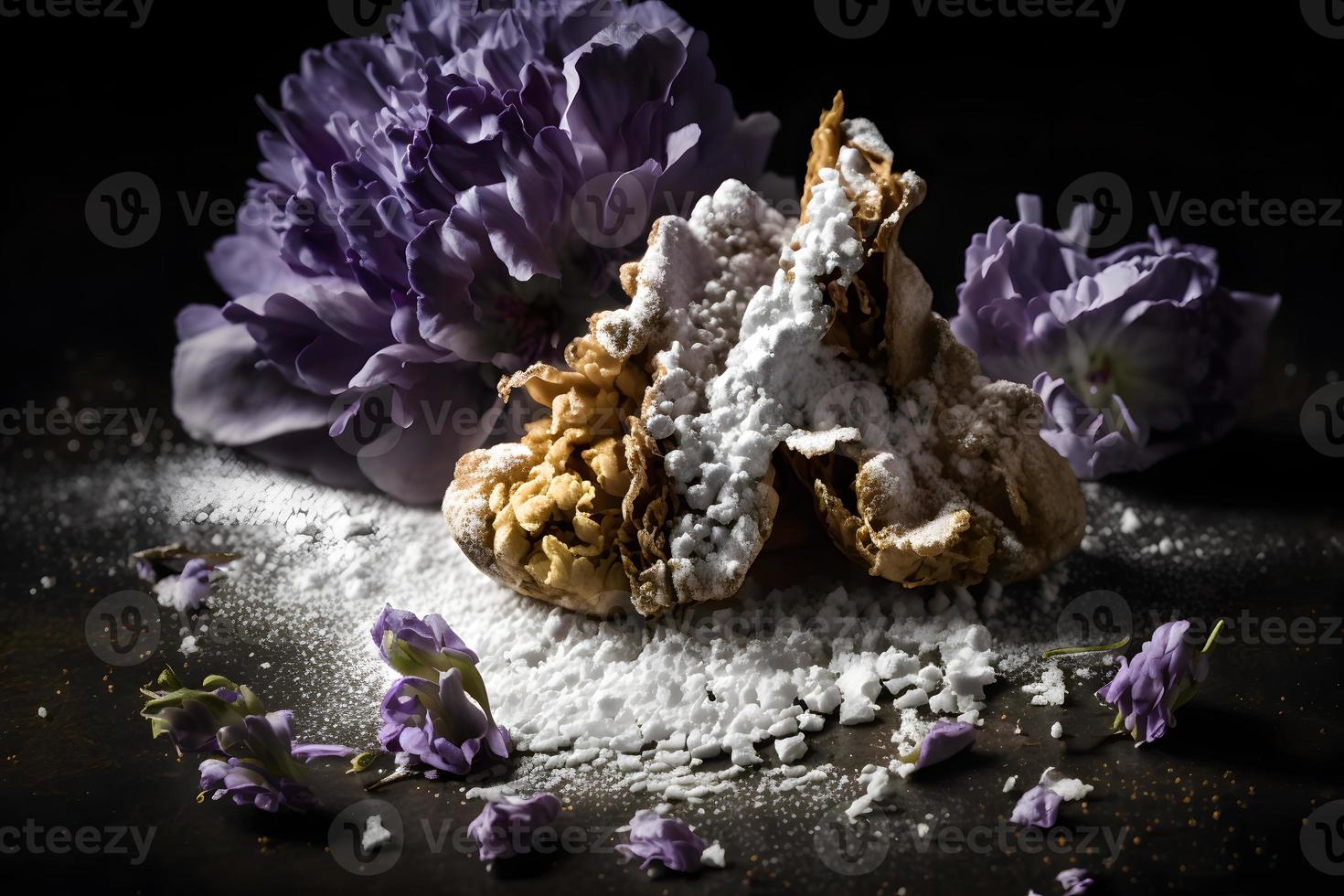 fait maison et savoureux frit lilas fleur avec en poudre sucre nourriture la photographie photo
