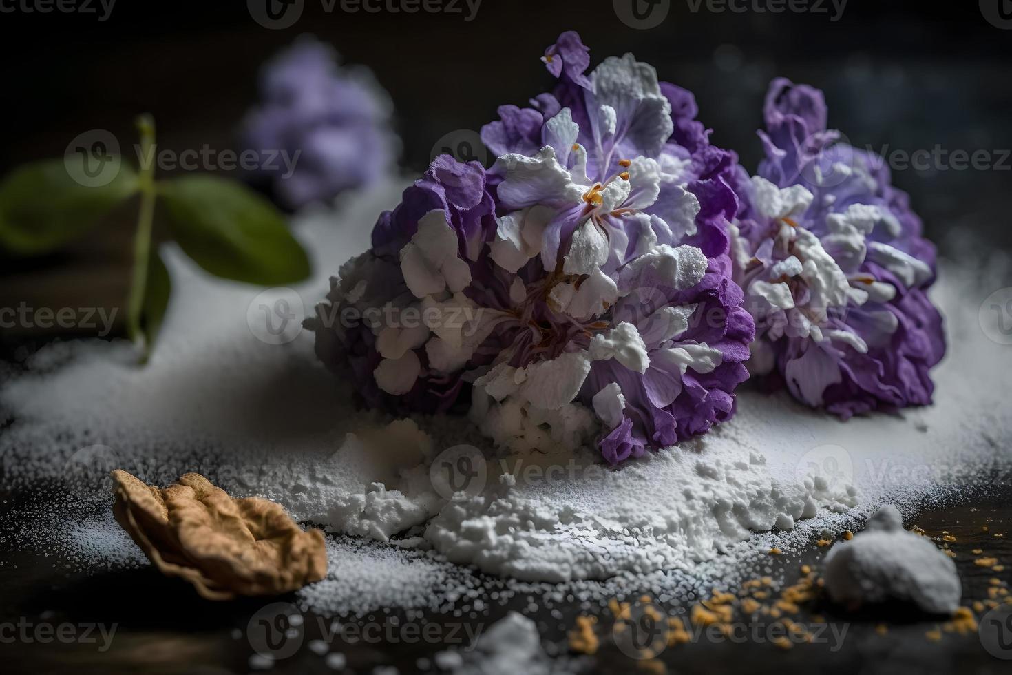 préparation pour frit lilas fleur avec en poudre sucre. sucré dessert la photographie photo